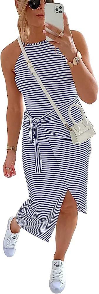 NOLLSOM Women Casual Sleeveless Striped Tank Midi Dresses Halter Neck Ruched Bodycon DressesTie W... | Amazon (US)