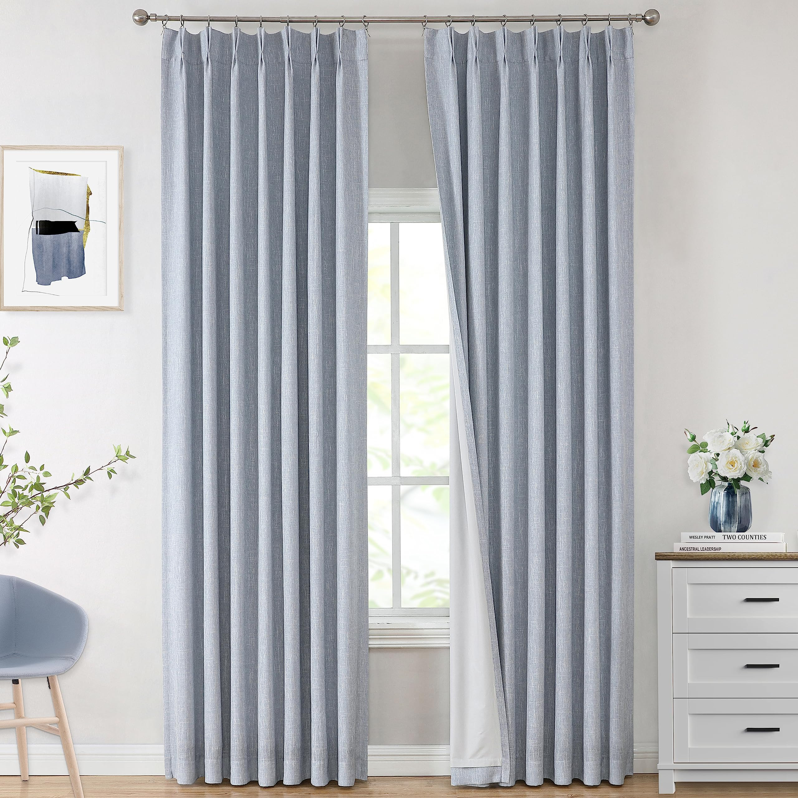Vision Home Chambray Blue Pinch Pleated Full Blackout Curtains Room Darkening Window Curtains 90 ... | Amazon (US)