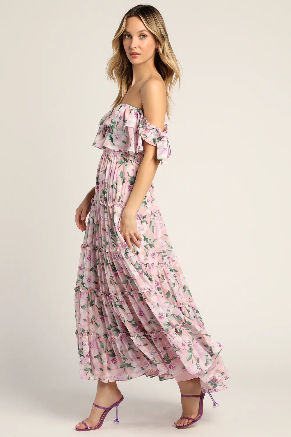 Chance for Us Blush Floral Off-the-Shoulder Ruffled Maxi Dress | Lulus (US)