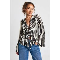 boohoo Women's Zebra Chiffon Plunge Tie Front Blouse in Black | Size: 4 | boohoo (US & Canada)