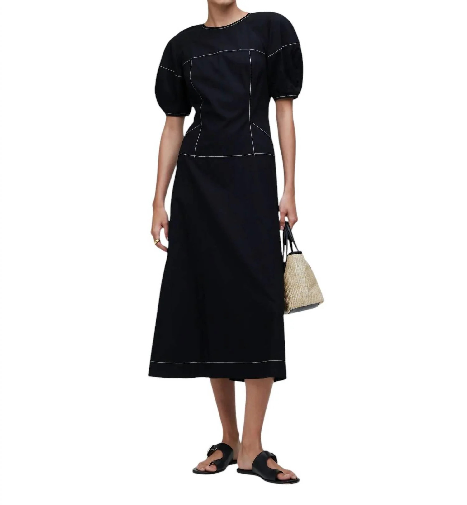 Puff-Sleeve Drop-Waist Midi Dress In Black | Shop Simon