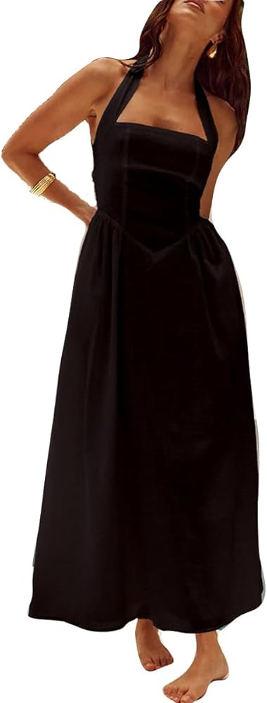 Women's Prom Dresses 2025 Halter Tea Length Formal Dress Backless Evening Gowns with Pockets | Amazon (US)