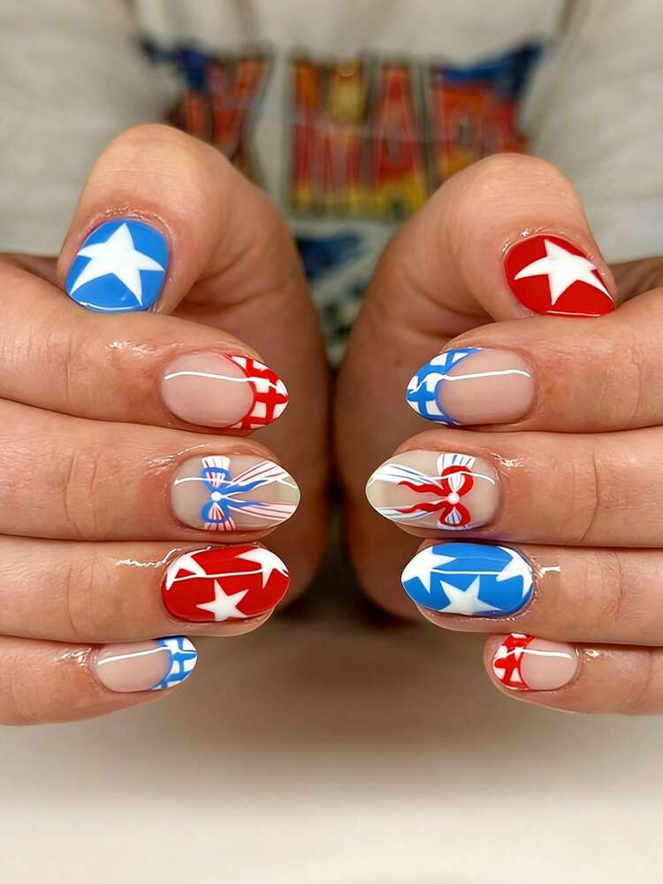24pcs Short Almond Press On Nails, US Independence Day Red Blue Star Bow Plaid French Style Short... | SHEIN