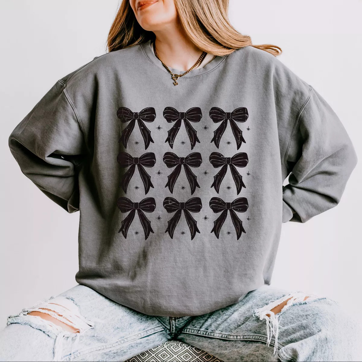Simply Sage Market Coquette Black Bows Collage Distressed Lightweight Garment Dyed Sweatshirt | Target