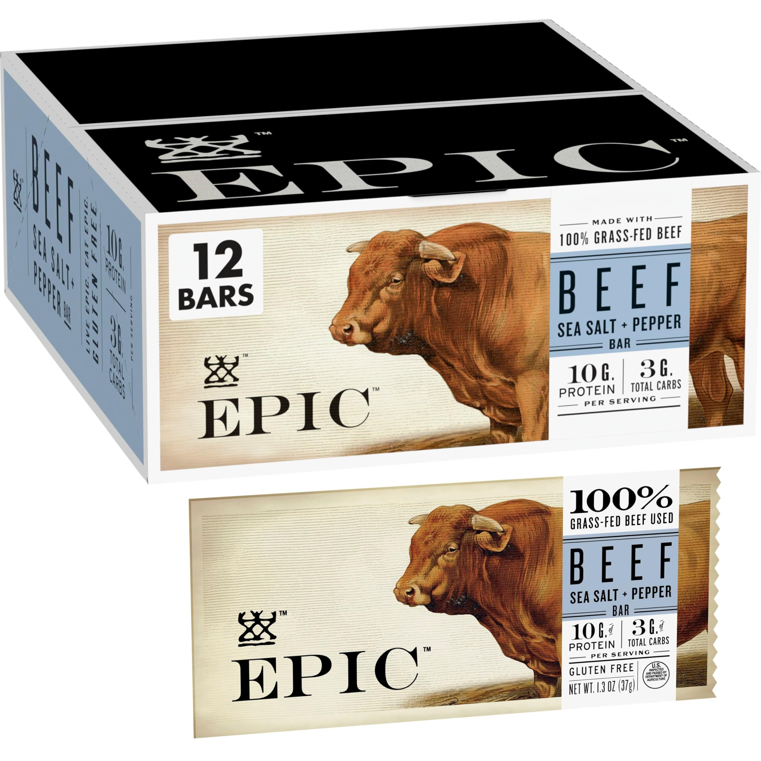 EPIC Protein Bars, Beef Sea Salt Pepper, Keto and Paleo Friendly, 1.3 oz, 12 ct | Amazon (US)