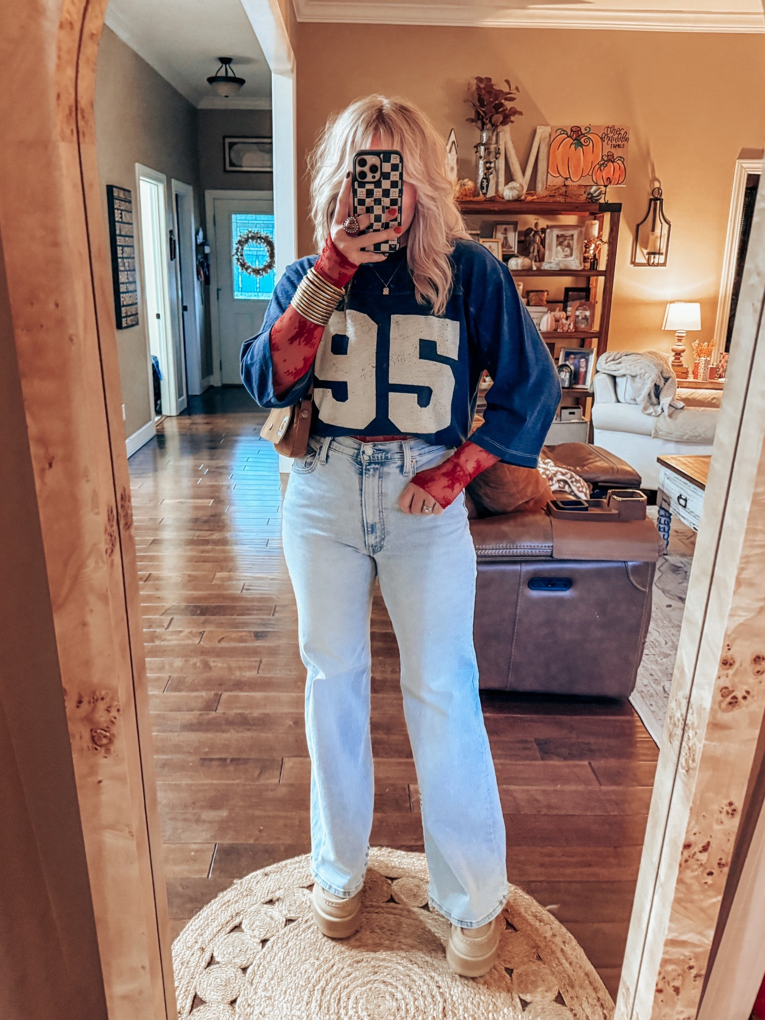 Homecoming football game fit
95 tee small
Mesh top medium 
Jeans I size up one 
Clark Wallabees true to size 


#LTKOver40 #LTKStyleTip #LTKFindsUnder100