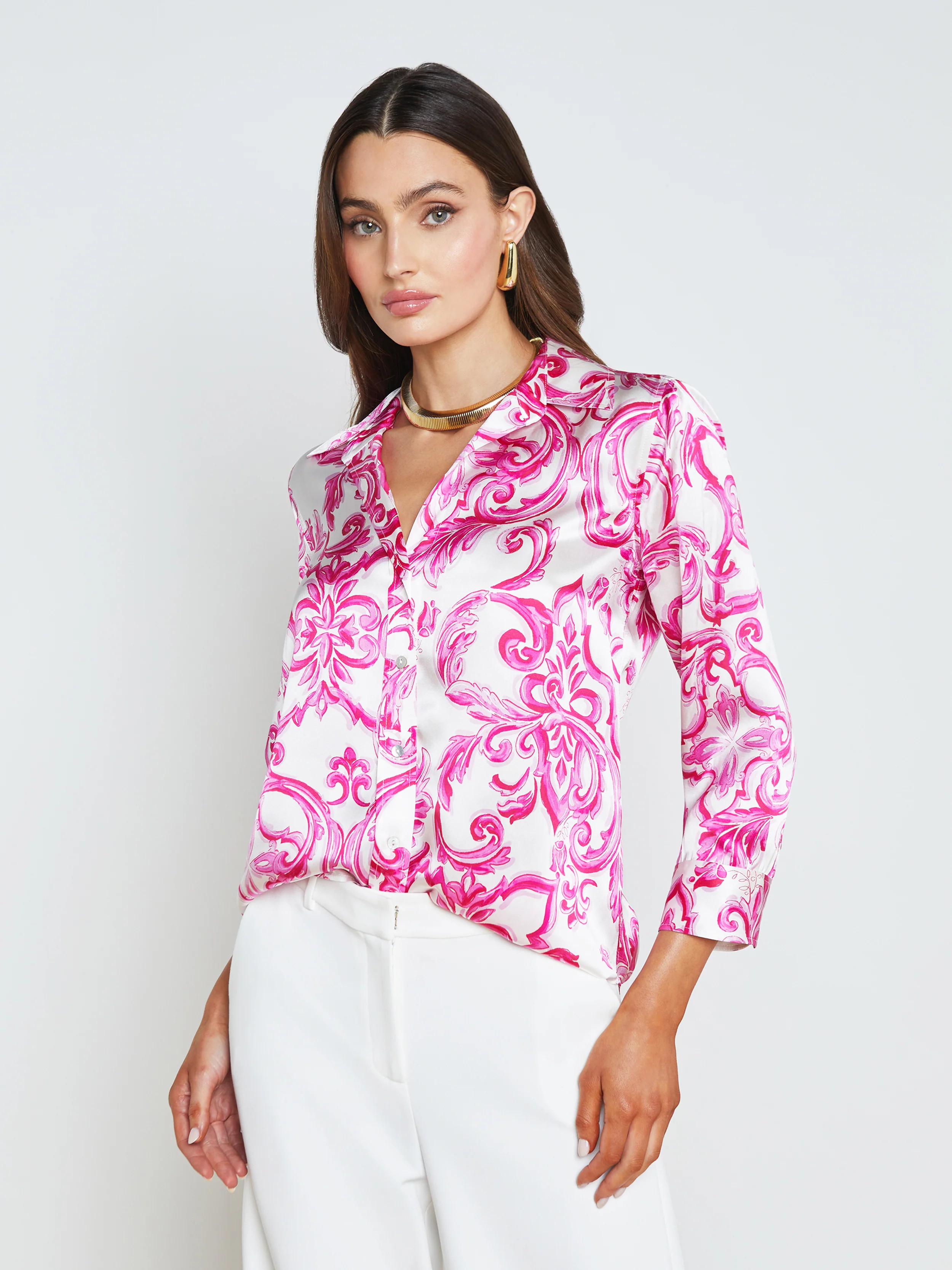 L'AGENCE - Dani 3/4 Sleeve Silk Blouse in Mediterranean Tile | L'Agence