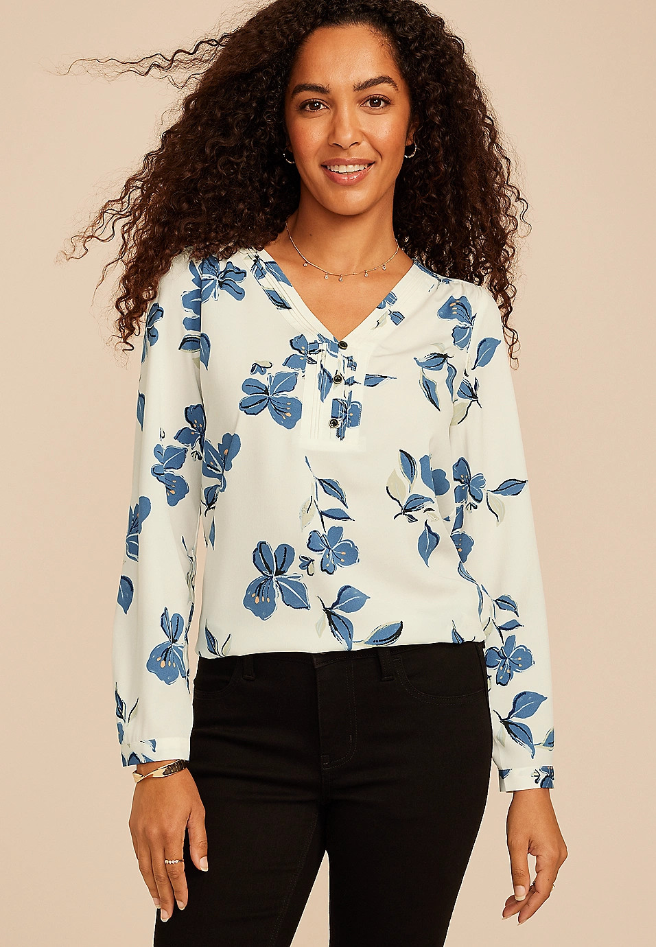 Floral Pleated V Neck Button Front Blouse | Maurices