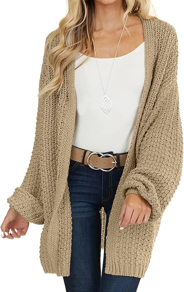 MEROKEETY Women's 2024 Fall Open Front Chunky Knit Sweater Oversized Lantern Sleeve Cardigan Outw... | Amazon (US)