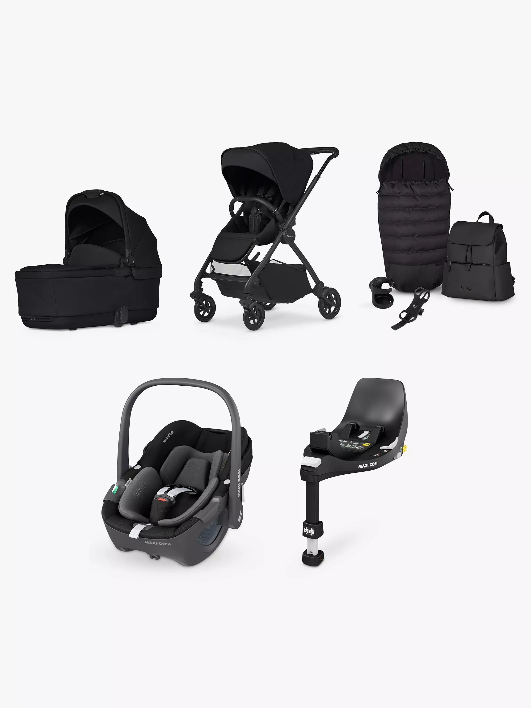 Silver Cross Dune 2 Pushchair, Carrycot & Accessories with Maxi-Cosi Pebble 360 Baby Car Seat and FamilyFix 360 Base Bundle, Space/Black | John Lewis (UK)