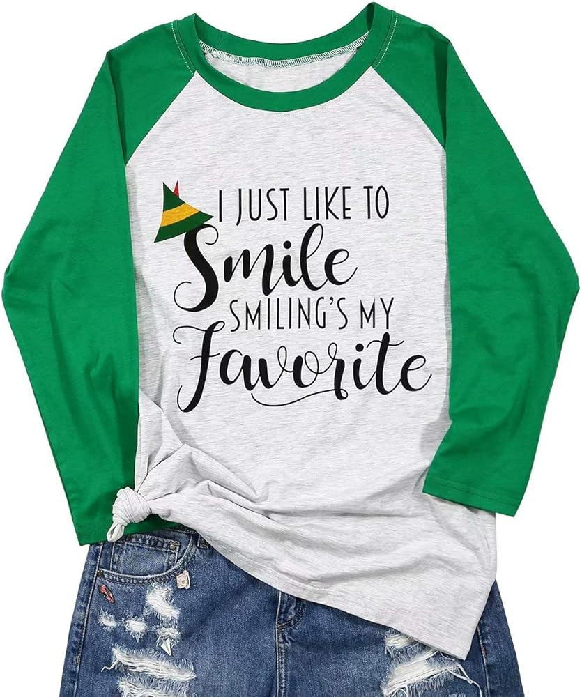 I Like to Smile Smilings My Favorite Shirt Christmas Women Cute Elf Hat Graphic Print Splicing Sl... | Amazon (US)