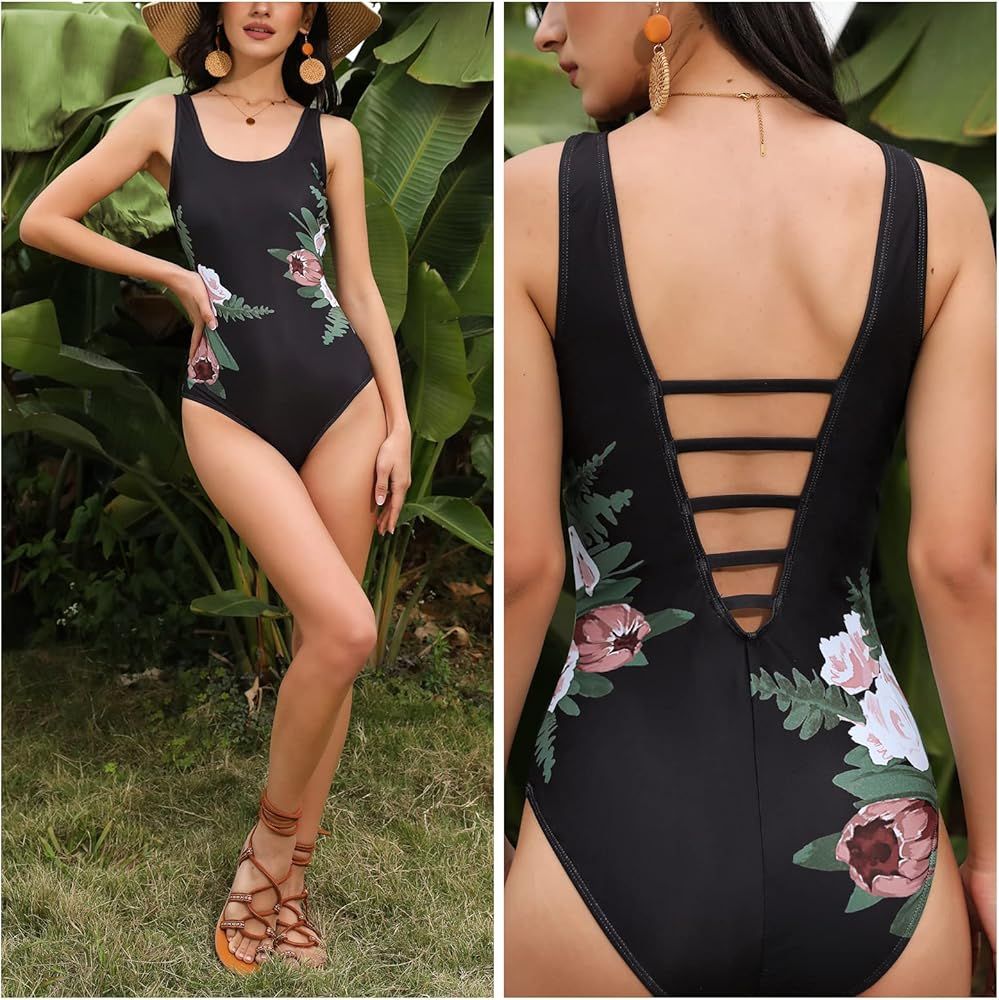 EXLURA Womens Athletic One Piece Swimsuit Floral Tummy Control Monokini Bathing Suit Backless Lace U | Amazon (US)