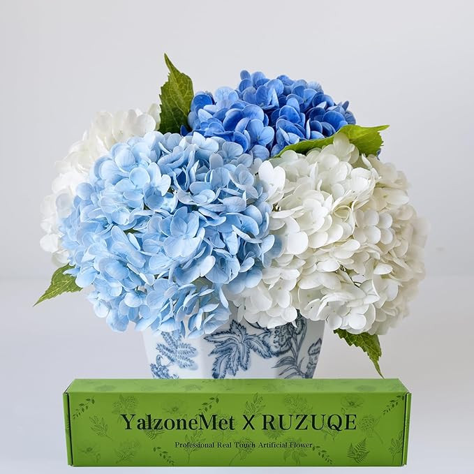 YalzoneMet 4 Pcs Real Touch Hydrangea Artificial Flower Natural Lifelike 21'' Long Stem Latex Hyd... | Amazon (US)