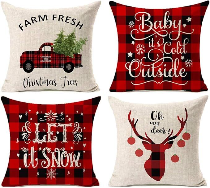 Kithomer Christmas Pillow Covers Set of 4 Christmas Buffalo Plaid Farmhouse Decor Throw Pillow Ca... | Amazon (US)