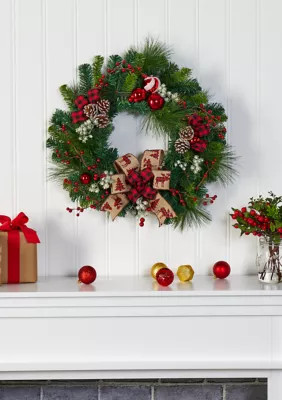Nearly Natural Christmas Pine Wreath with Pine Cones and Ornaments | Belk
