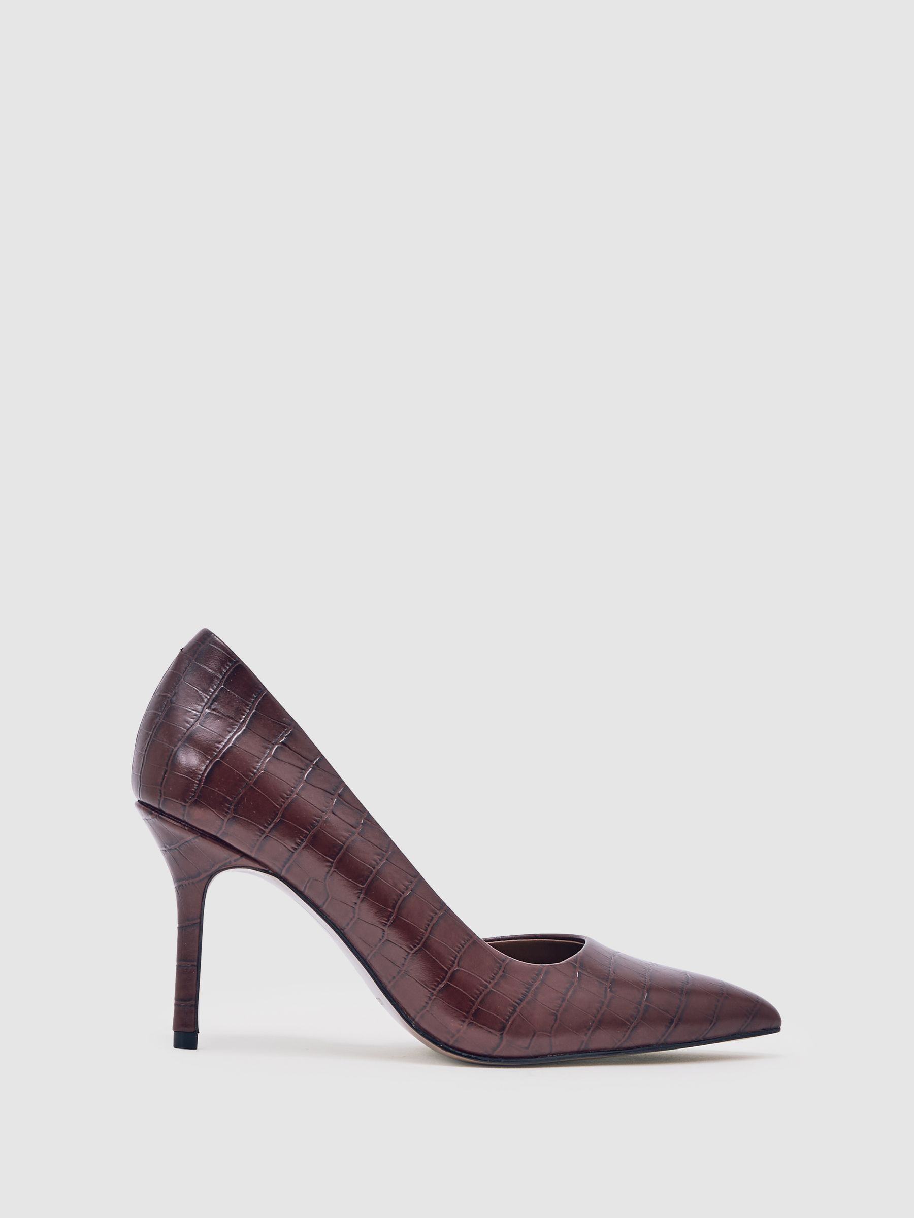 Leather Crocodile-Effect Court Shoes in Burgundy | Reiss UK