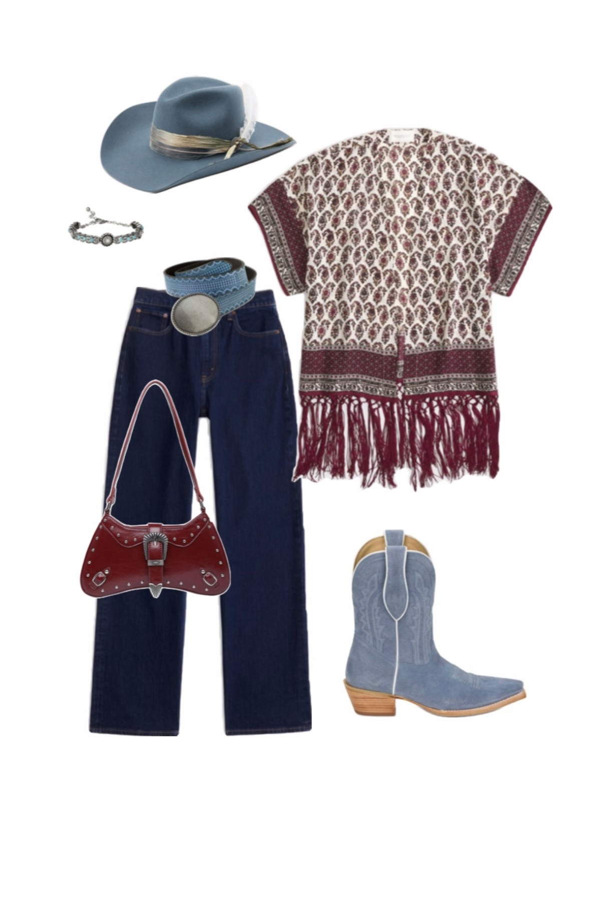 Boho western outfit styled with a fringe top, straight leg jeans, and blue cowboy boots.

western outfit, boho western outfit, fringe top outfit, cowgirl outfit, western outfit women, cowboy boots outfit, blue cowboy boots, western denim outfit, country concert outfit, Nashville outfit, western accessories, rodeo outfit women