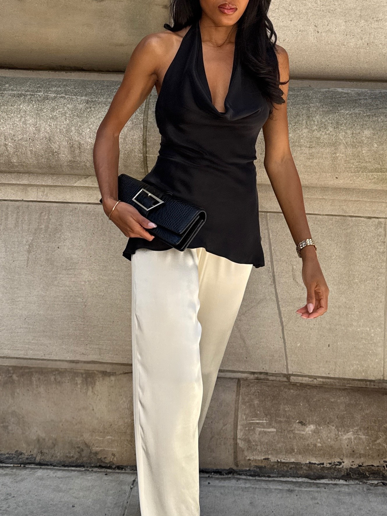 Black silk cowl neck top + cream satin pants outfit. 

#LTKStyleTip