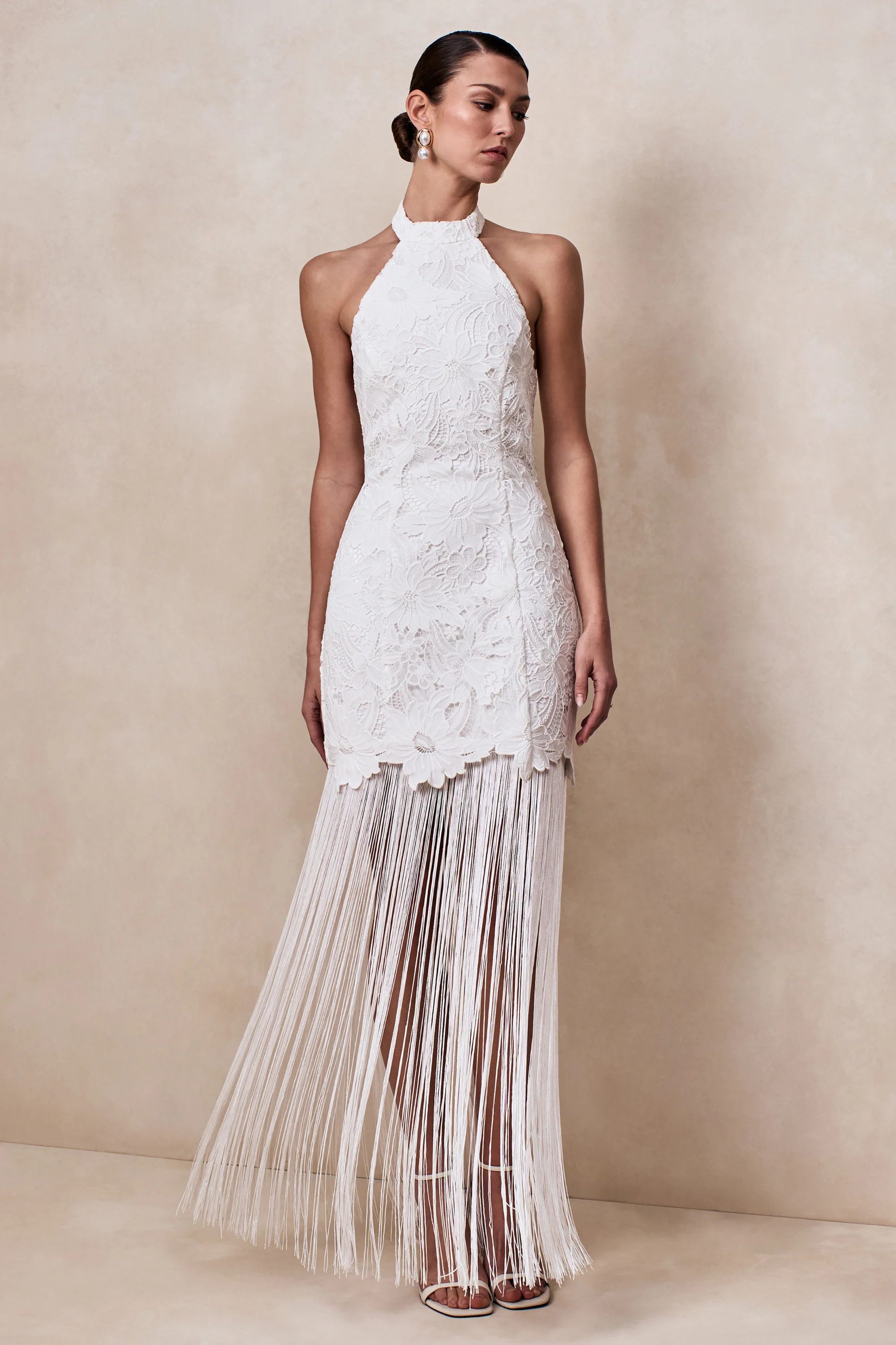 Skylar | White Lace Halter-Neck Maxi Dress With Open-Back And Bow Detail | Club L London