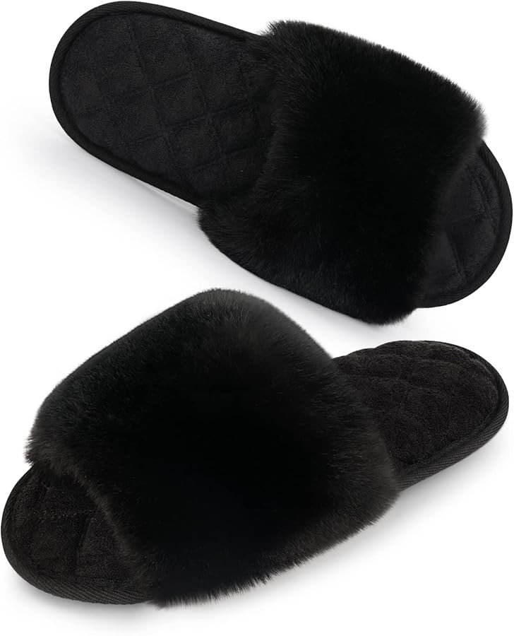 CozyModern Women's Fuzzy Faux Fur Memory Foam Spa Slide Slippers Comfy Open Toe Slip On House Shoes Sandals | Amazon (US)