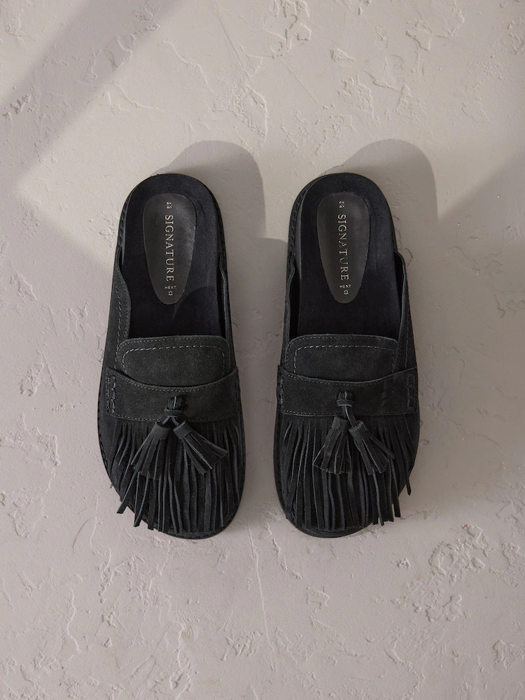 Buy Black Signature Premium Leather Suede Fringe Footbed Mules from Next Ireland | Next EU