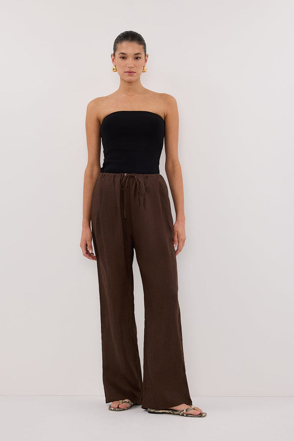 CARLA BITTER CHOC DRAWSTRING LINEN PANT | DISSH