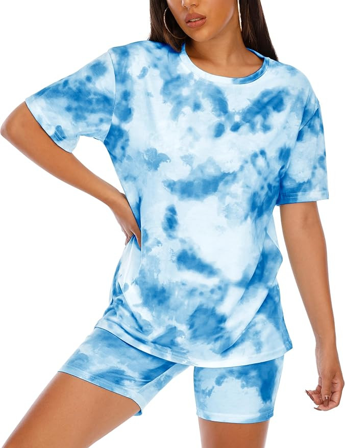Women's Tie-Dye Set Two-Piece Outfits Summer - Casual Two Piece Short Set Short Sleeve T Shirts | Amazon (US)