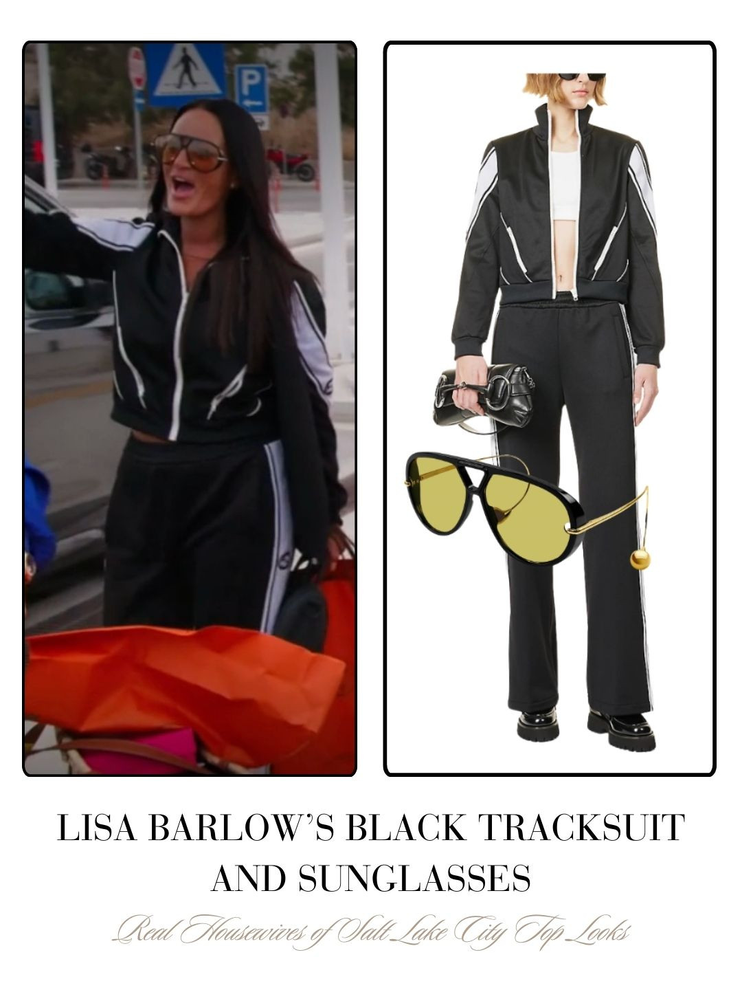 Lisa Barlow's Black and White Tracksuit is by Gucci // Her Black and Yellow Lens Plastic Aviator Sunglasses are linked below 

 