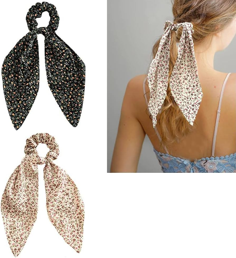 Hair Scarf Ribbon Scrunchies Ties Long Tail Bow Scrunchie Ponytail Holder Knotted Floral Flower H... | Amazon (US)