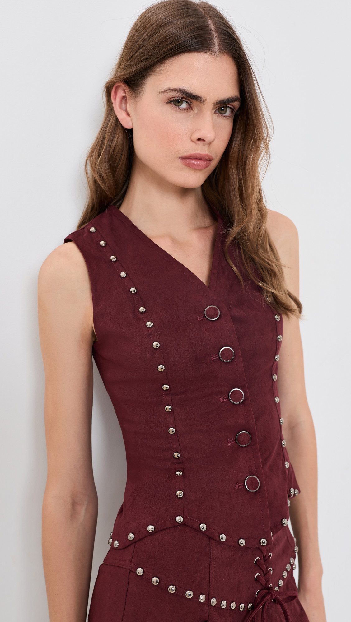 Moon River V Neck Button Down Studded Suede Top Oxblood S | Shopbop