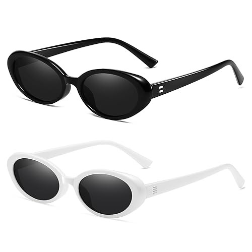 Breaksun Retro Oval Sunglasses for Women Men Fashion Small Oval Sunglasses 90s Vintage Shades (New Black/Grey+ White/Grey) | Amazon (US)