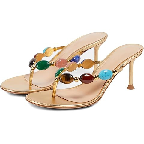 Women's Jeweled Thong Strappy Sandal Summer Mules Kitten Heels Flip Flop Round Open Toe Mid Heels... | Amazon (US)