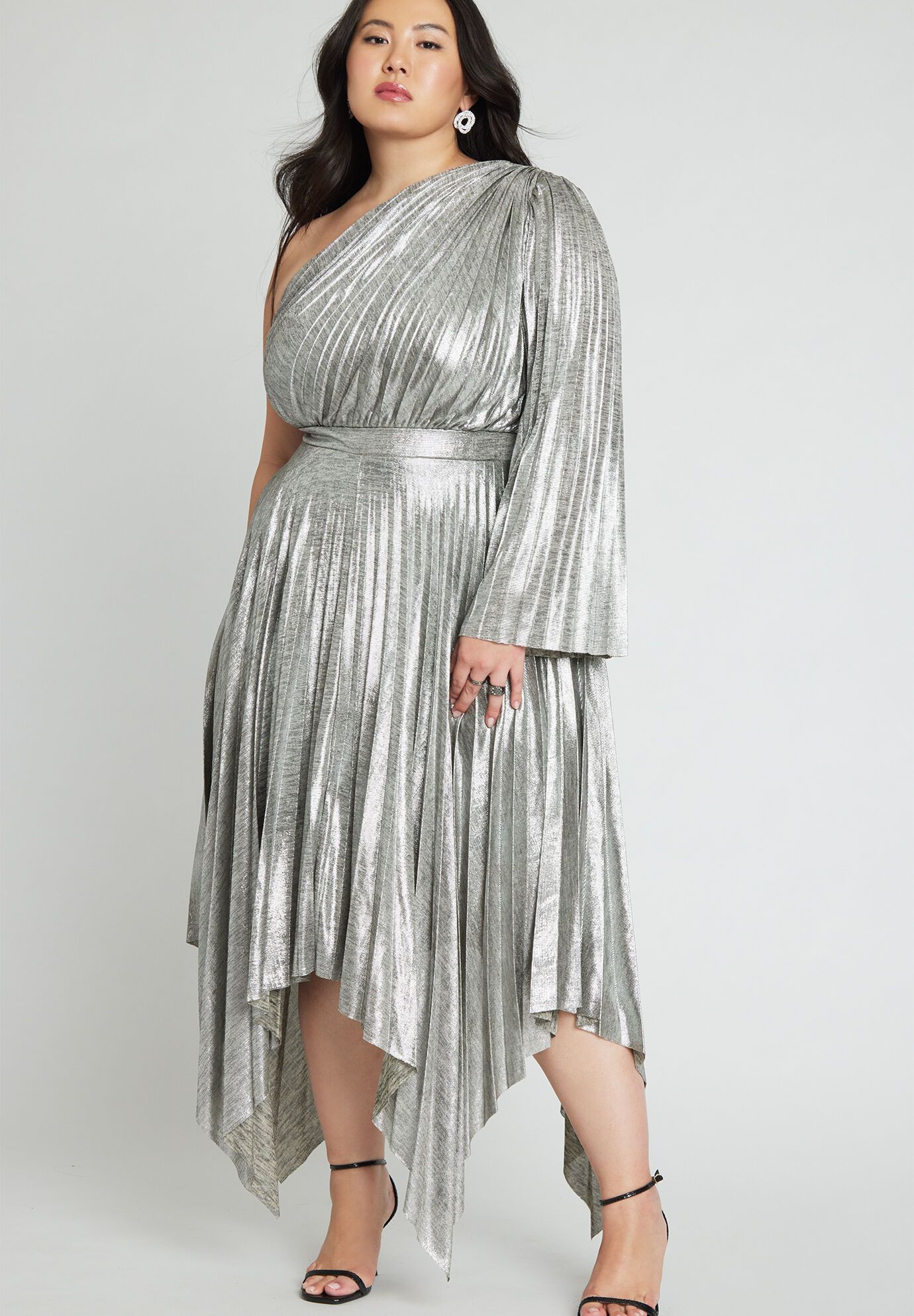 Metallic Plisse One Shoulder Dress | Eloquii