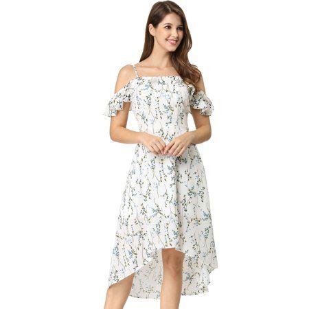 Allegra K Women's Spaghatti Straps Ruffled A-Line Midi Floral Dress L Off White | Walmart (US)
