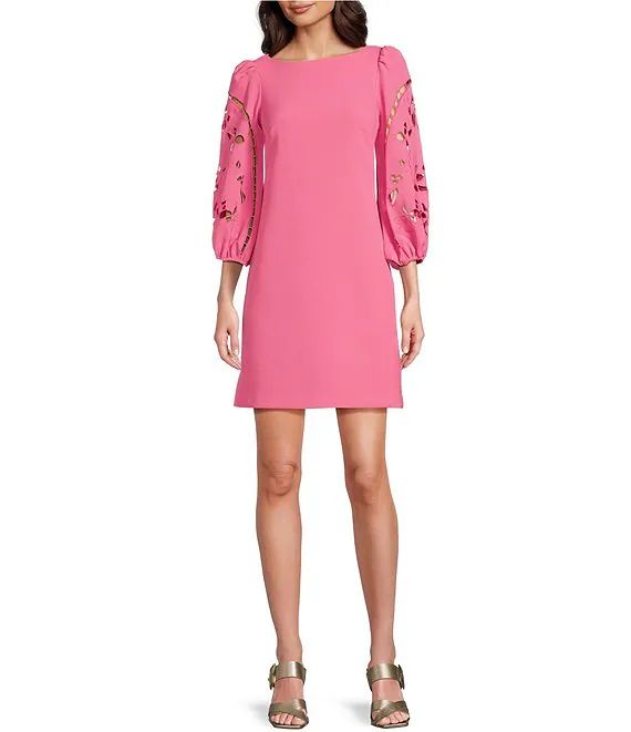 Vince Camuto Boat Neck 3/4 Laser-Cut Puff Sleeve Stretch Crepe Sheath Dress | Dillard's | Dillard's