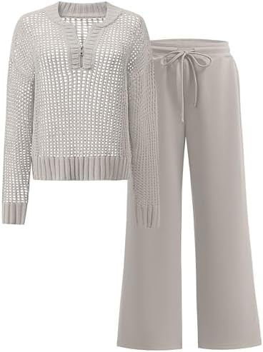 ANRABESS Womens 2 Piece Outfits 2026 Spring Crochet Half Zip Sweater Top Wide Leg Pant Travel Mat... | Amazon (US)