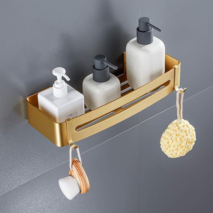 Brushed Gold Shower Shelf Adhesive or Drilling Shower Caddy Bathroom Cosmetic Shelf with Hooks | Amazon (US)