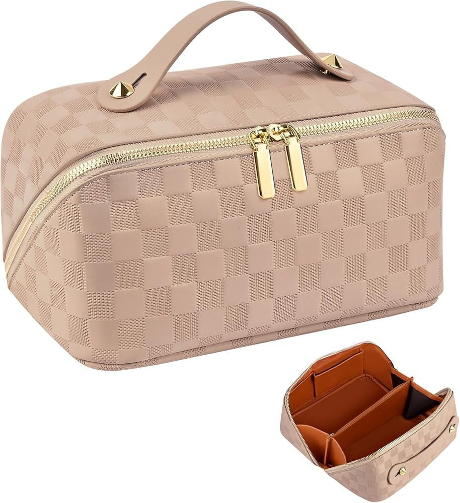 HUANLANG Travel Makeup Bag Large Capacity Travel Cosmetic Bag Waterproof PU Leather Makeup Organi... | Amazon (US)