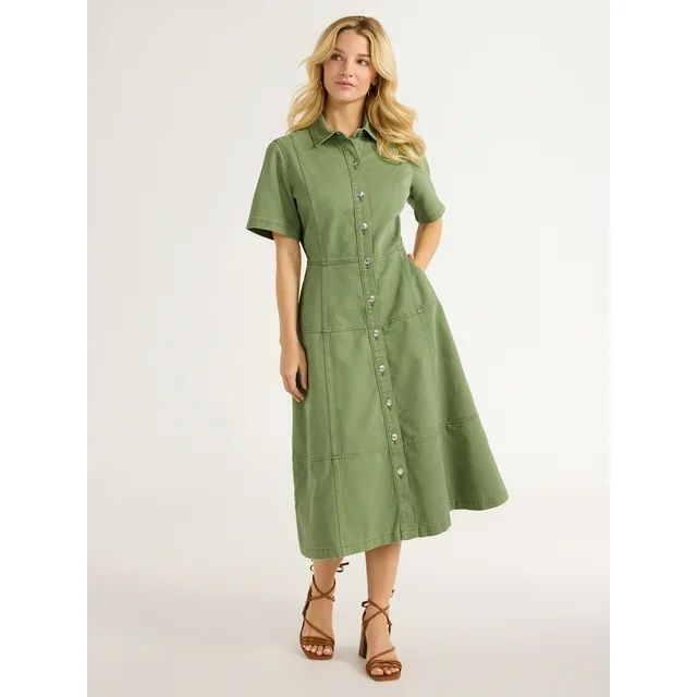 Free Assembly Women's Button Front Cotton Midi Dress with Short Sleeves, XS-XXL | Walmart (US)