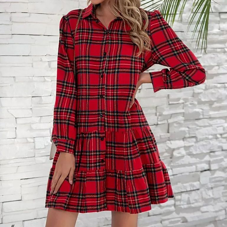 AXXD Shirt Dress For Women,Ladies Fashion Plaid Single Breasted Pocket Long Sleeve Shirt Jacket D... | Walmart (US)