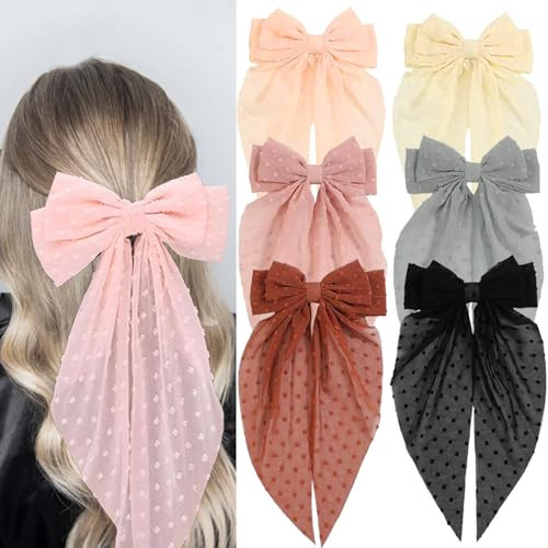 Loqpol 6 PCS Large Chiffon Hair Bows, Oversized Long Tail Bows with Aliigator Clips, Coquette Hair Accessories for Women and Girls (Rlack-Red-Pink-Grey-Cream-Beige) | Amazon (US)