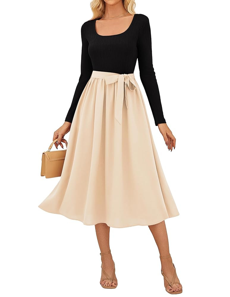 GRACE KARIN Women's Fall Long Sleeve Midi Dress 2025 Casual Square Neck Knit Belted A Line Flowy ... | Amazon (US)