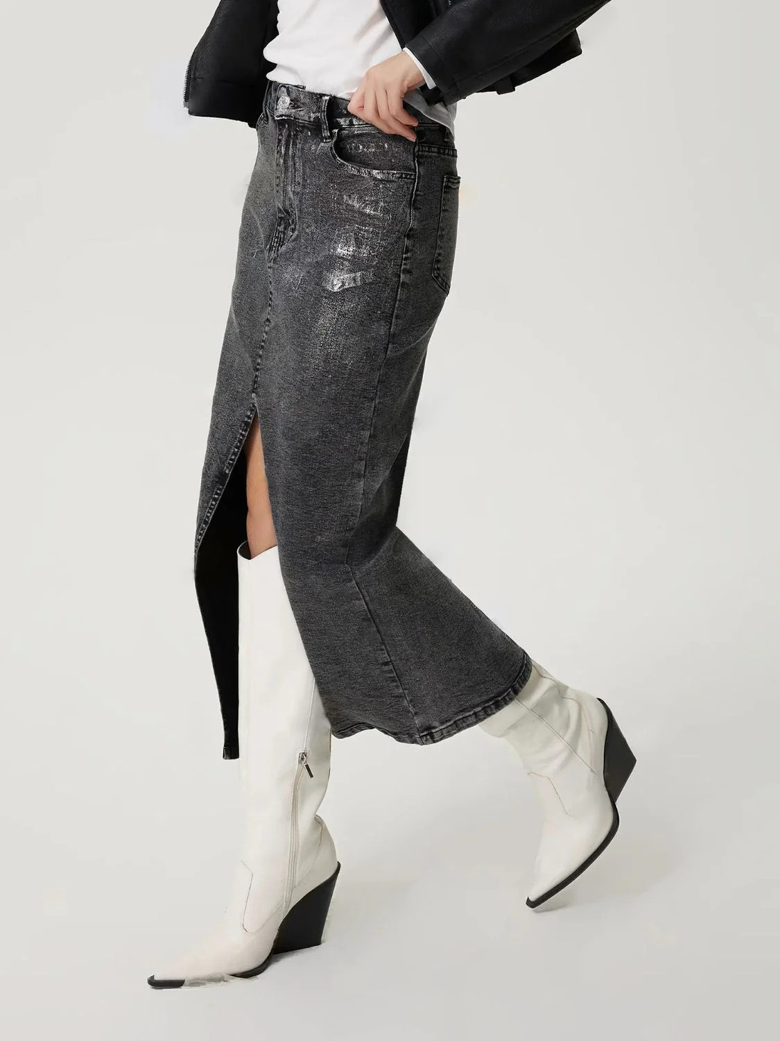 Slit Midi Denim Skirt with Pockets M | Casual Chic Boutique
