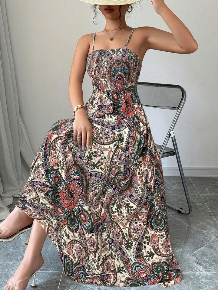 Rafferiza Paisley Print Spaghetti Strap Dress, Vacation Casual Maxi Vacation Beach Outfits Women | SHEIN