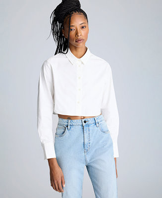 Women's Cropped Button-Front Long-Sleeve Shirt | Macy's