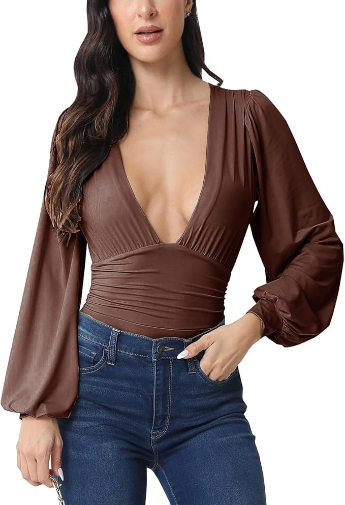 Weigou Women Jumpsuits Long Sleeve V Neck Pleated Loose Bodysuits Tops For Women Leotard Shirts | Amazon (US)