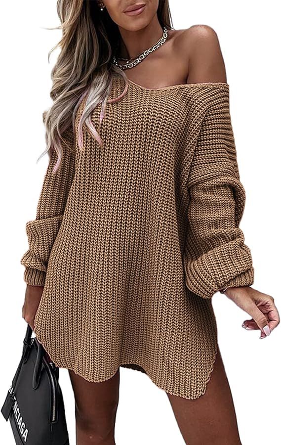 NOLLSOM Women Casual Long Sleeve Relaxed Fit Sweater Dresses Off Shoulder Solid Ribbed Knit Long ... | Amazon (US)