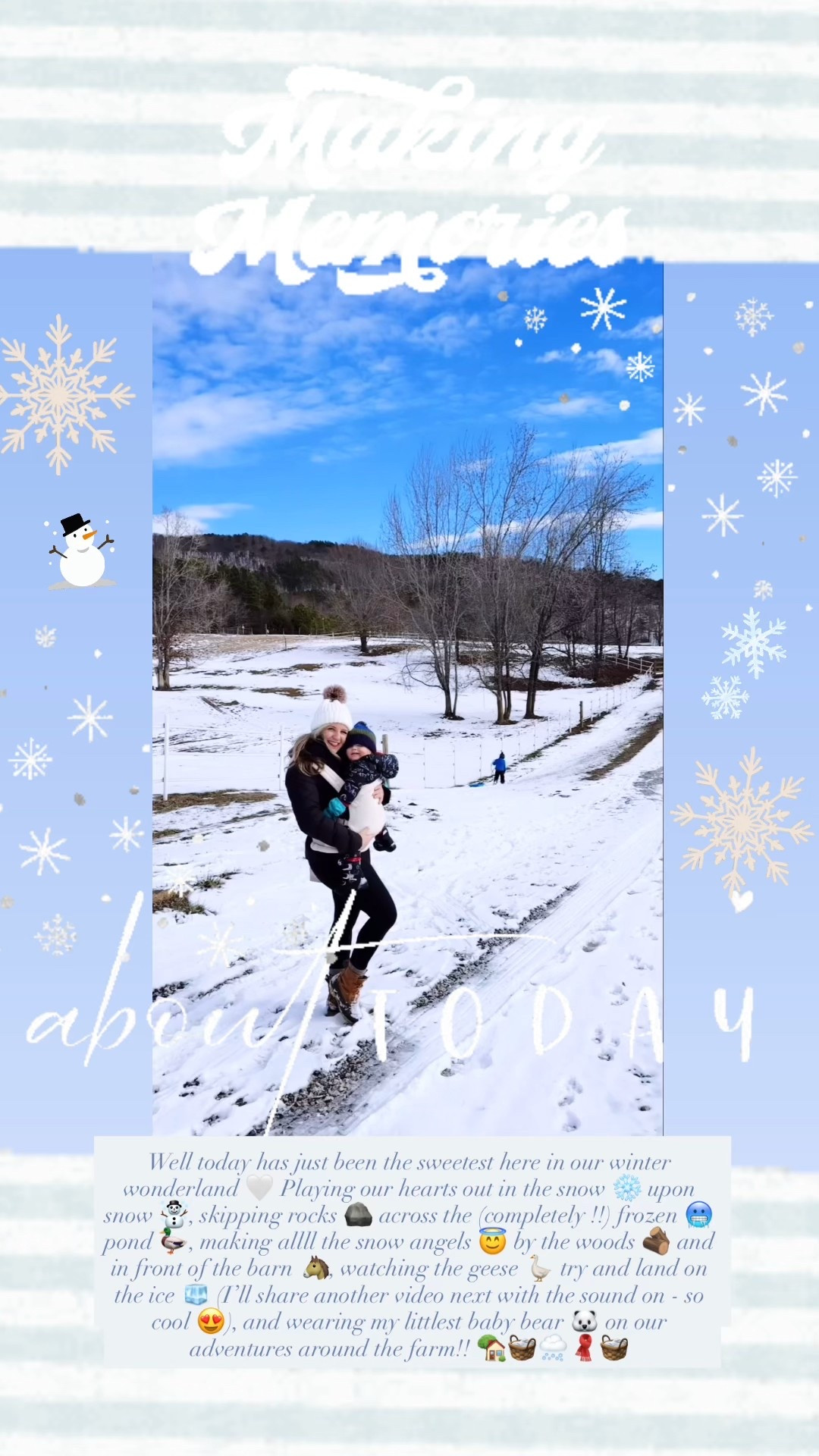Well today has just been the sweetest here in our winter wonderland 🤍 Playing our hearts out in the snow ❄️ upon snow ☃️, skipping rocks 🪨 across the (completely !!) frozen 🥶 pond 🦆, making allll the snow angels 😇 by the woods 🪵 and in front of the barn 🐴, watching the geese 🪿 try and land on the ice 🧊 (I’ll share another video next with the sound on - so cool 😍), and wearing my littlest baby bear 🐻‍❄️ on our adventures around the farm!! 🏡🧺🌨️🧣🧺

#LTKKids #LTKmomlife #LTKdayinmylife
