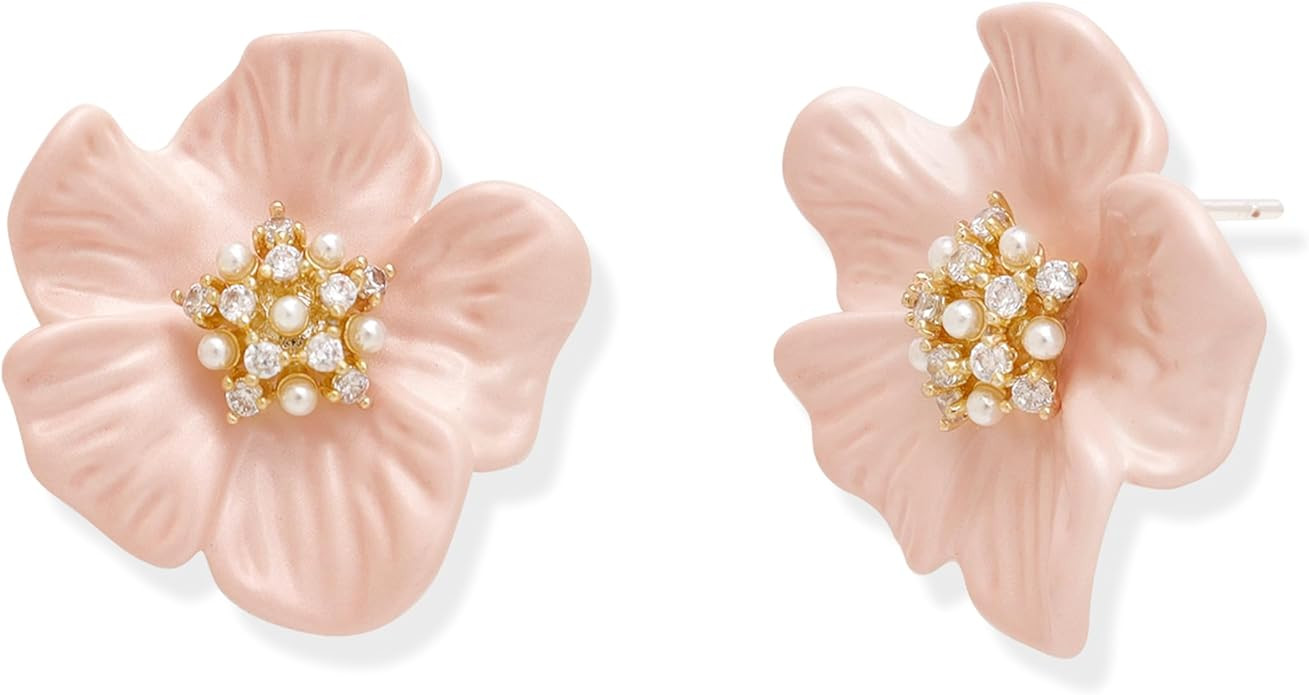 Sonateomber Chunky Flower Pearl Stud Earrings for Women, Large Statement 14K Gold Plated Floral C... | Amazon (US)