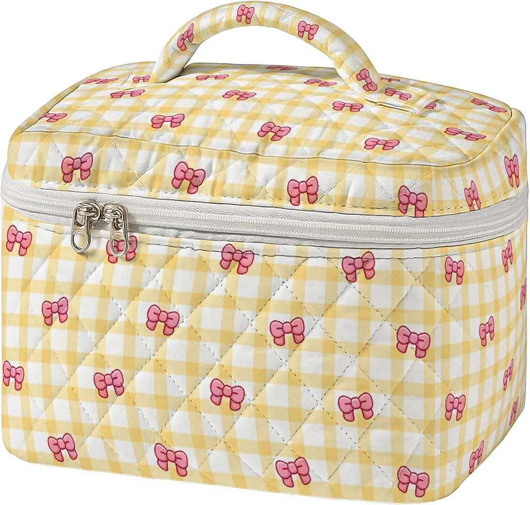 Large Quilted Makeup Bag for Women Yellow Gingham Cosmetic Case with Bow Pattern Travel Make Up O... | Amazon (US)